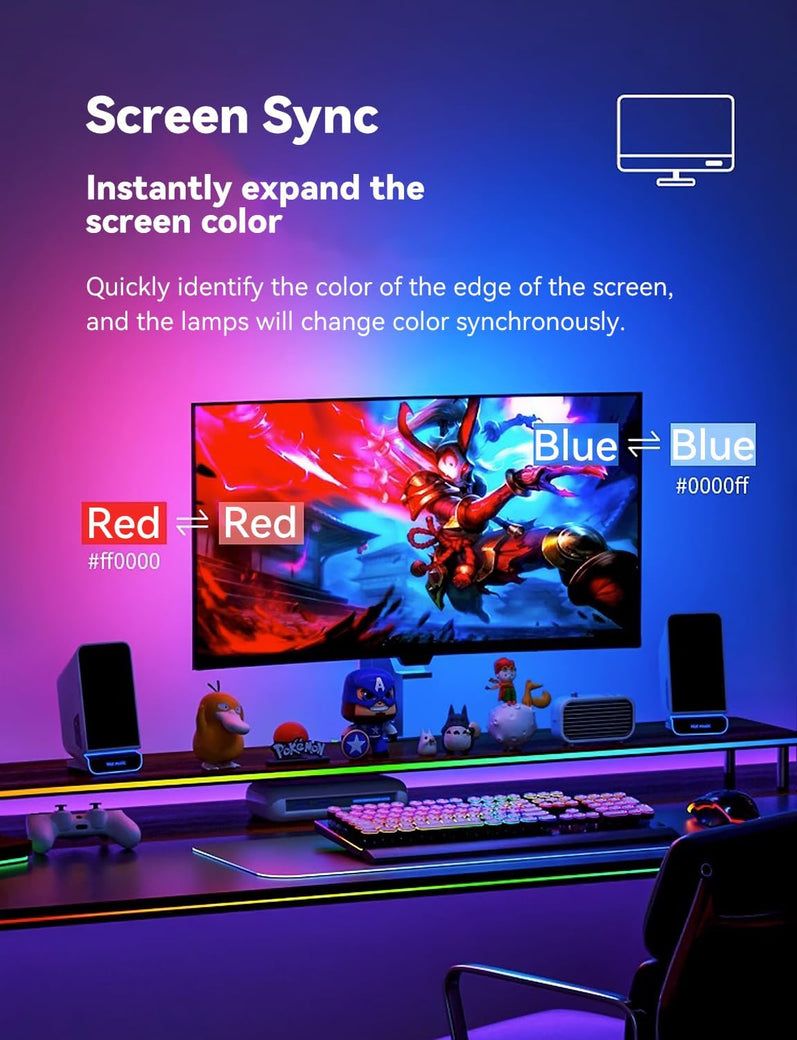 RGBIC LED Backlight for 27-34 Inch PC, Smart LED Lights for Monitors with Color Matching, Monitor sync led strip light, Sync light with music