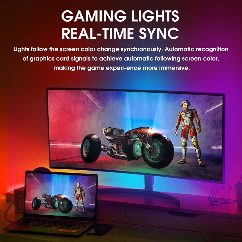 RGBIC LED Backlight for 27-34 Inch PC, Smart LED Lights for Monitors with Color Matching, Monitor sync led strip light, Sync light with music