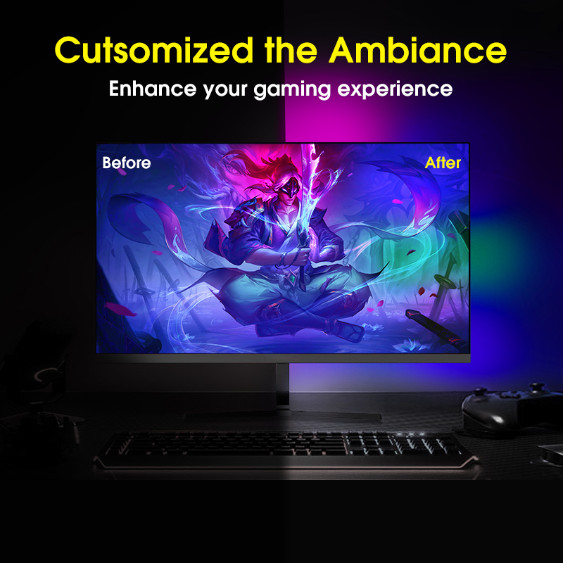RGBIC LED Backlight for 27-34 Inch PC, Smart LED Lights for Monitors with Color Matching, Monitor sync led strip light, Sync light with music